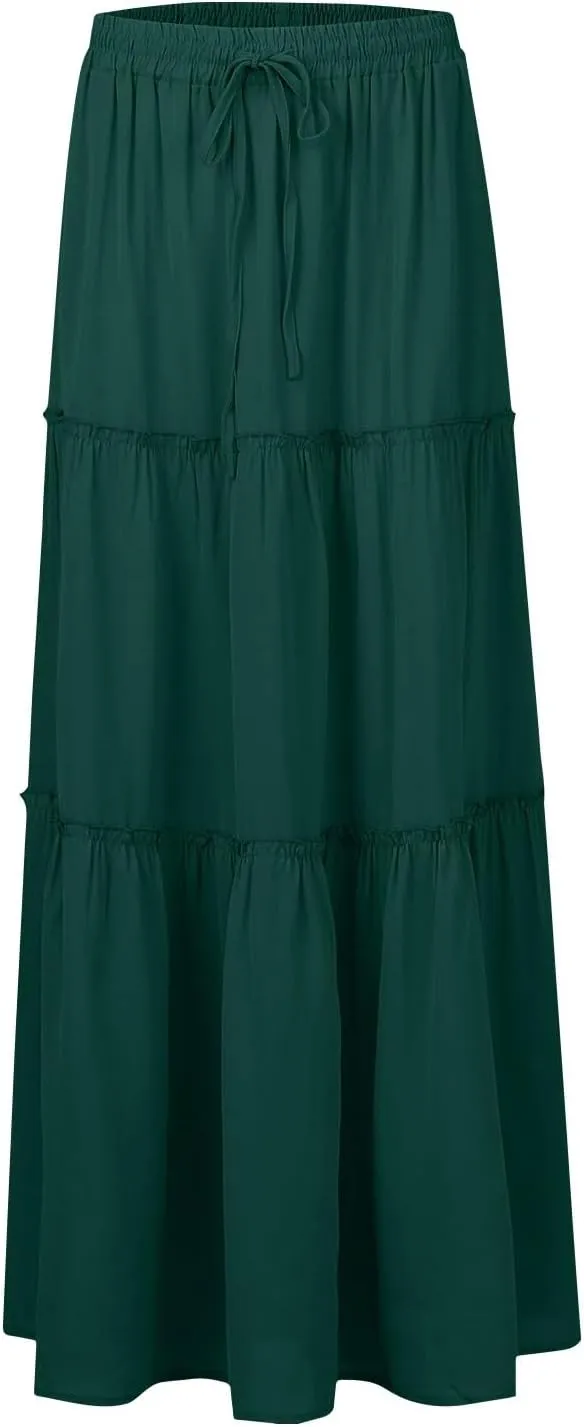 Long Skirts for Women,Elastic High Waisted Drawstring Flowy Maxi Skirts Trendy 2025 Summer Vacation Bohemian