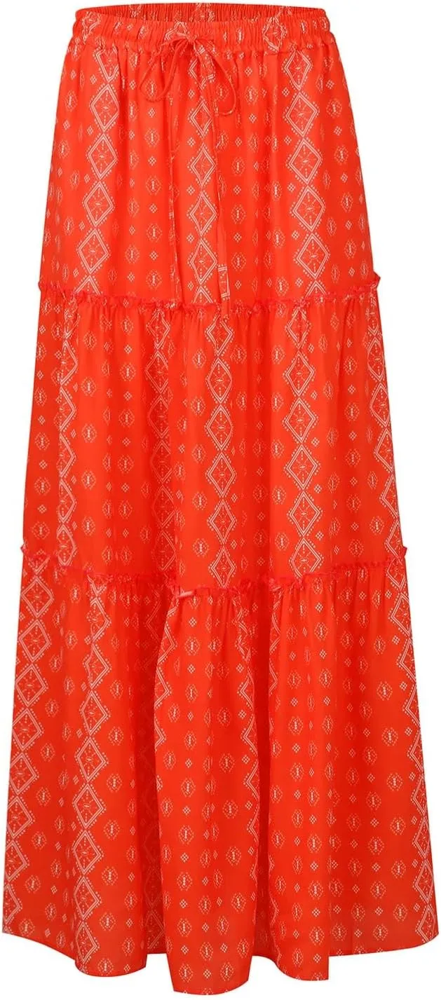 Long Skirts for Women,Elastic High Waisted Drawstring Flowy Maxi Skirts Trendy 2025 Summer Vacation Bohemian