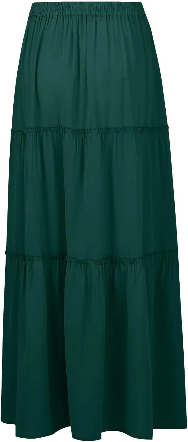 Long Skirts for Women,Elastic High Waisted Drawstring Flowy Maxi Skirts Trendy 2025 Summer Vacation Bohemian