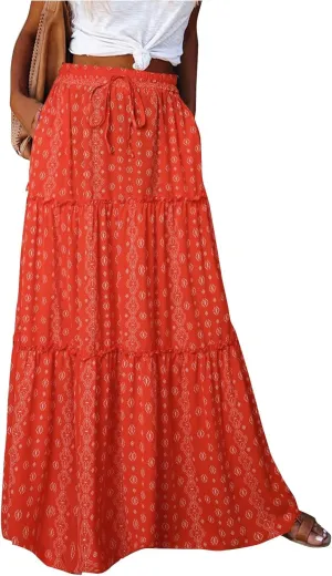 Long Skirts for Women,Elastic High Waisted Drawstring Flowy Maxi Skirts Trendy 2025 Summer Vacation Bohemian