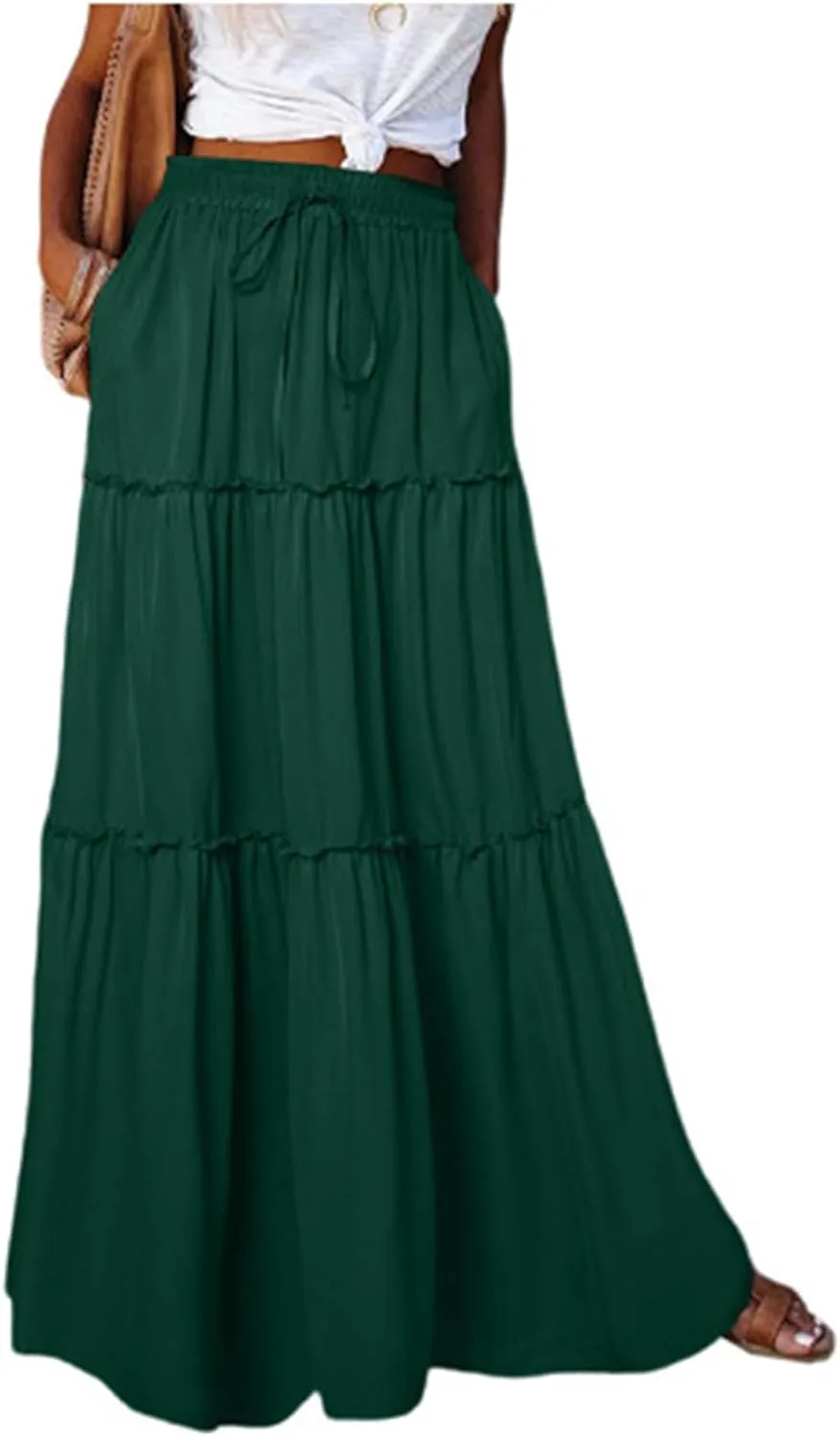 Long Skirts for Women,Elastic High Waisted Drawstring Flowy Maxi Skirts Trendy 2025 Summer Vacation Bohemian