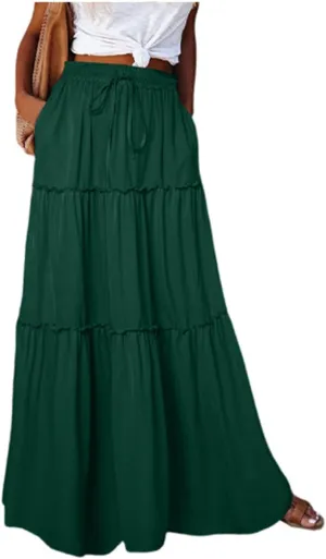 Long Skirts for Women,Elastic High Waisted Drawstring Flowy Maxi Skirts Trendy 2025 Summer Vacation Bohemian