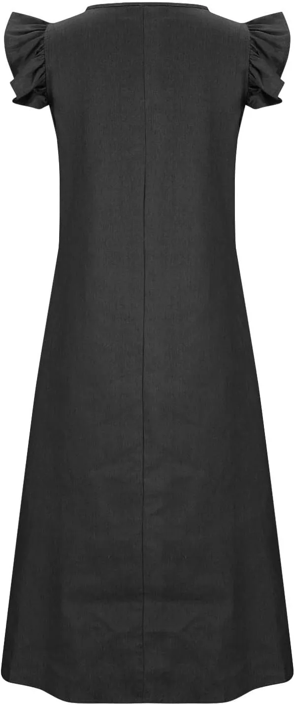 Loose Denim Dress Ruffle Short Sleeve V-Neck Relaxed Fit Denim Dress Women Summer Stylish Knee-Length Wrap Midi Dress