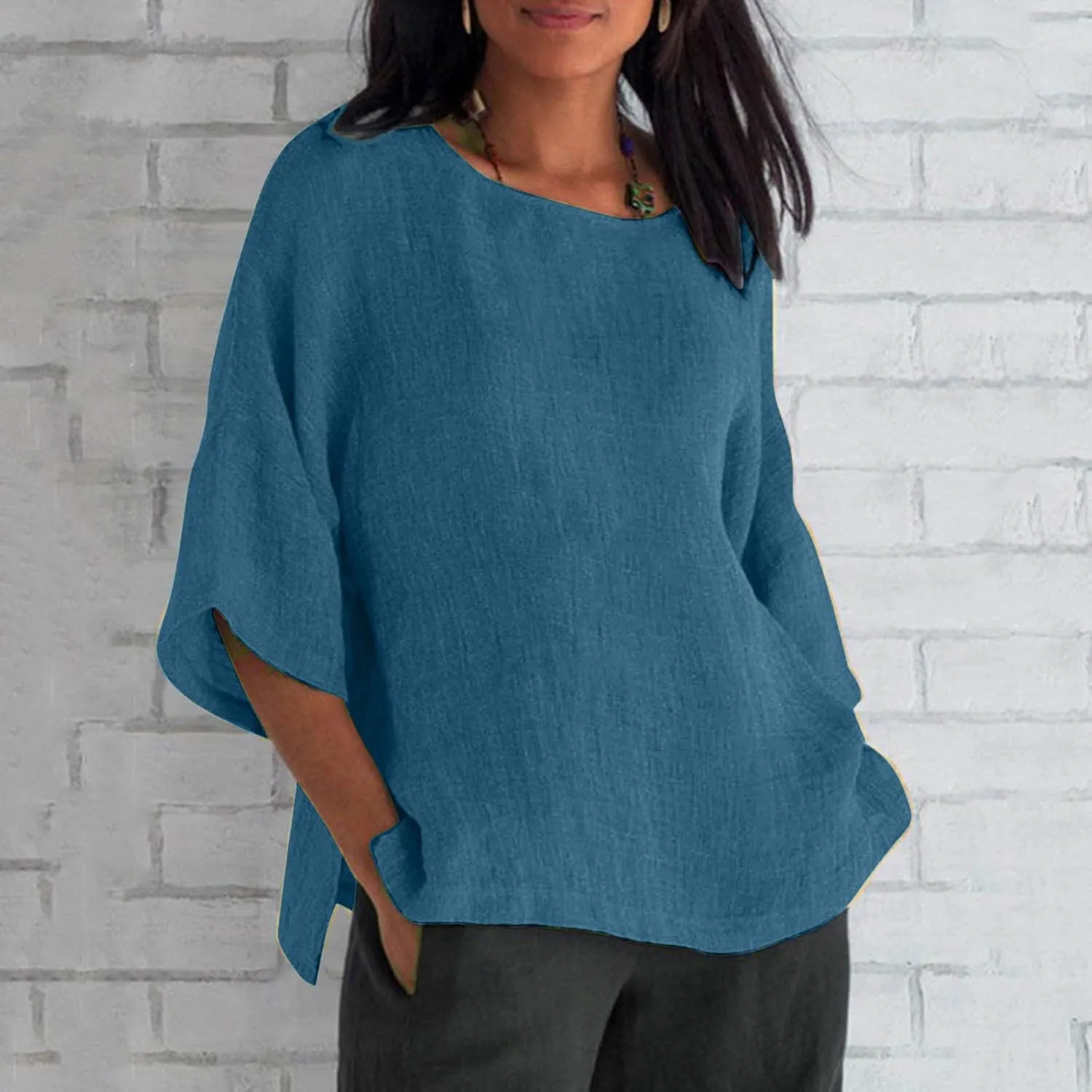 Loose Fit Long T Shirts for Women Summer Fall 3/4 Length Sleeve Crewneck Linen Plain Tops Shirts Women 2025 Trendy