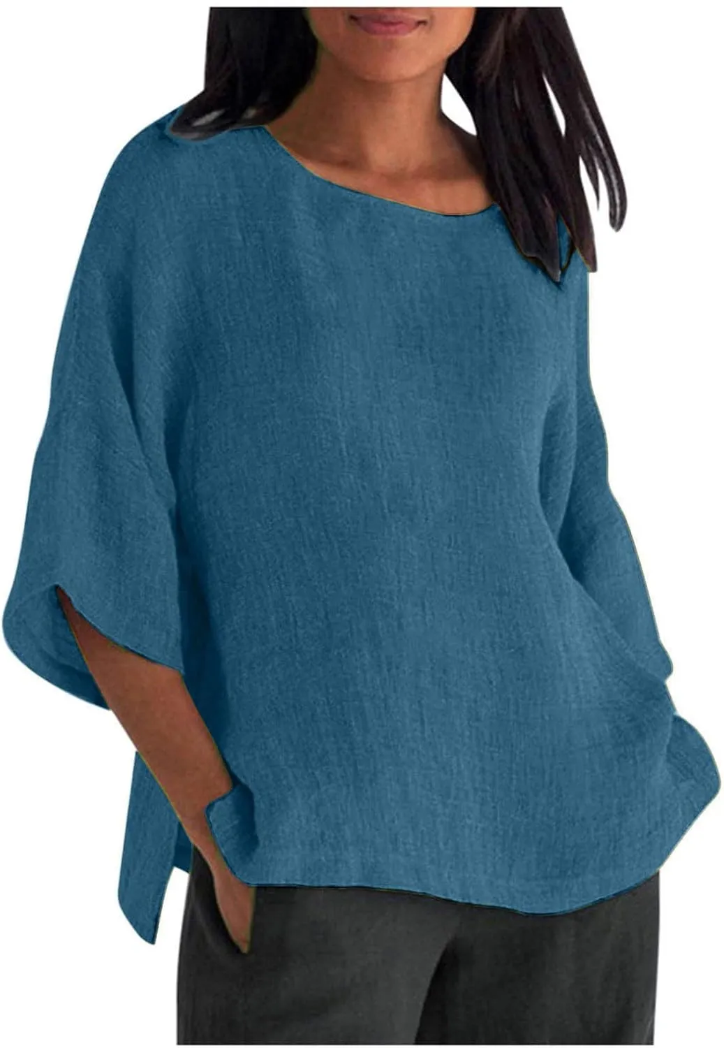 Loose Fit Long T Shirts for Women Summer Fall 3/4 Length Sleeve Crewneck Linen Plain Tops Shirts Women 2025 Trendy