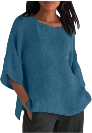 Loose Fit Long T Shirts for Women Summer Fall 3/4 Length Sleeve Crewneck Linen Plain Tops Shirts Women 2025 Trendy