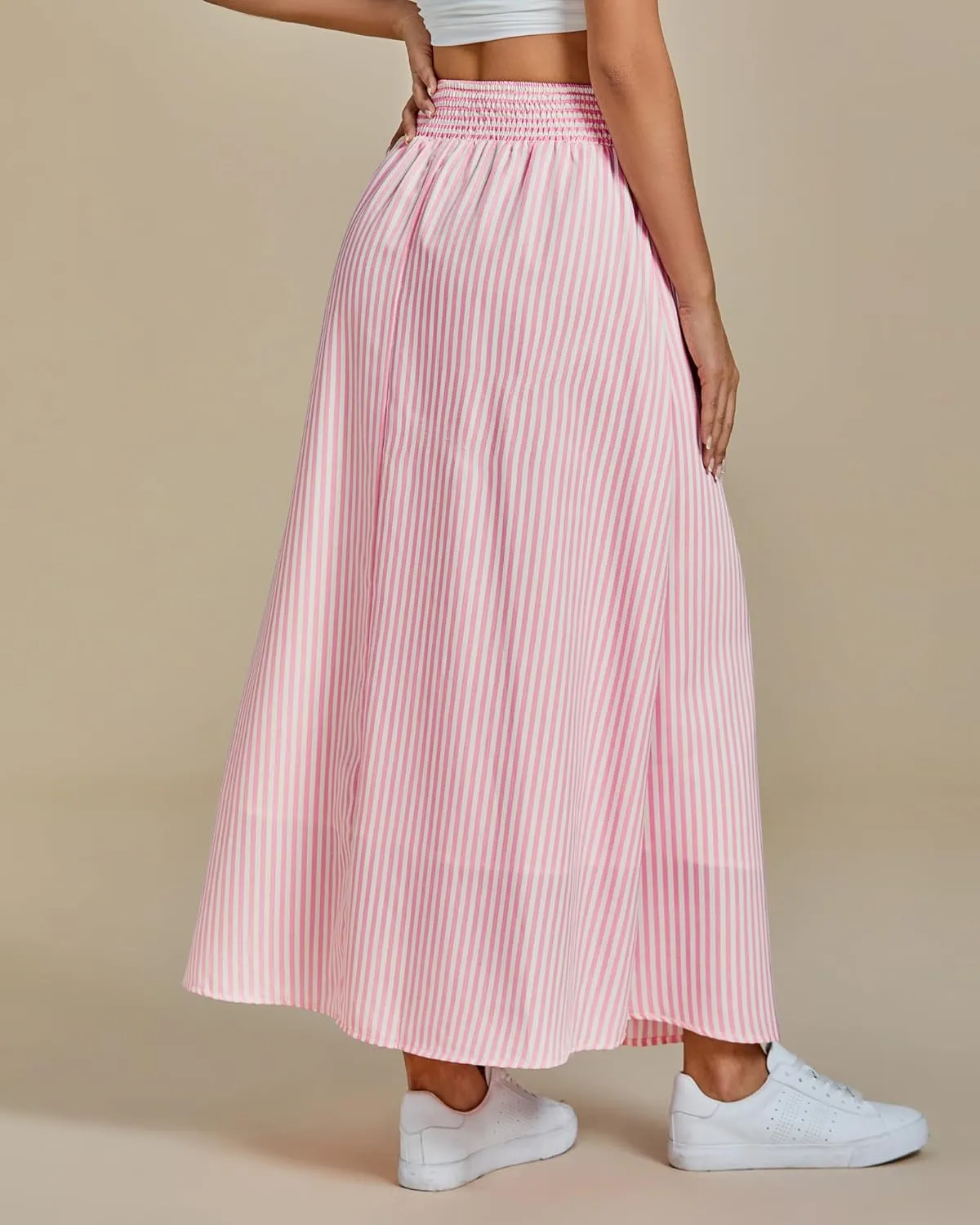 luvamia Striped Skirts for Women Maxi Long Flowy Trendy Smocked Elastic Waist Summer Beach Vacation Skirt with Pockets
