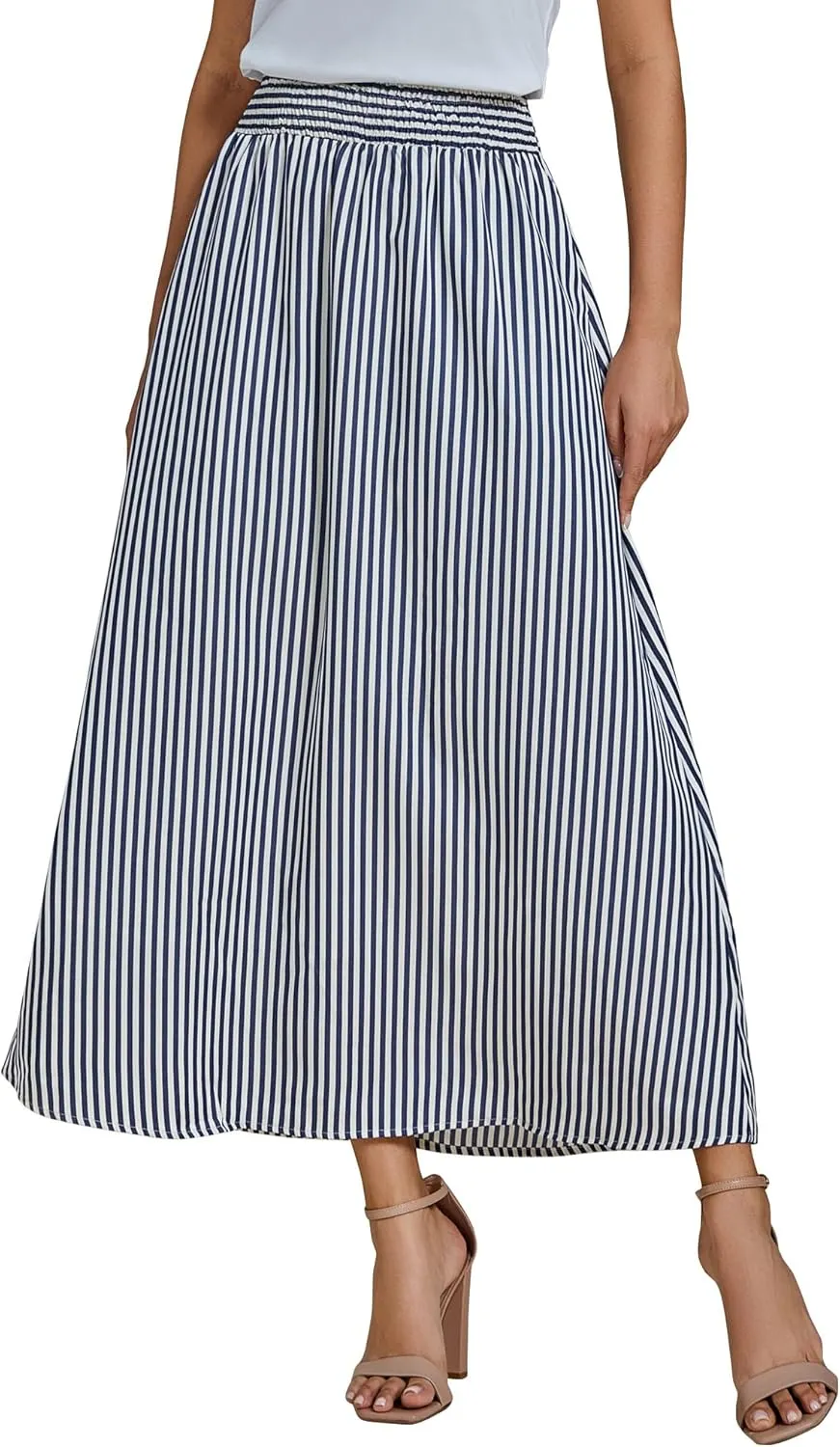 luvamia Striped Skirts for Women Maxi Long Flowy Trendy Smocked Elastic Waist Summer Beach Vacation Skirt with Pockets
