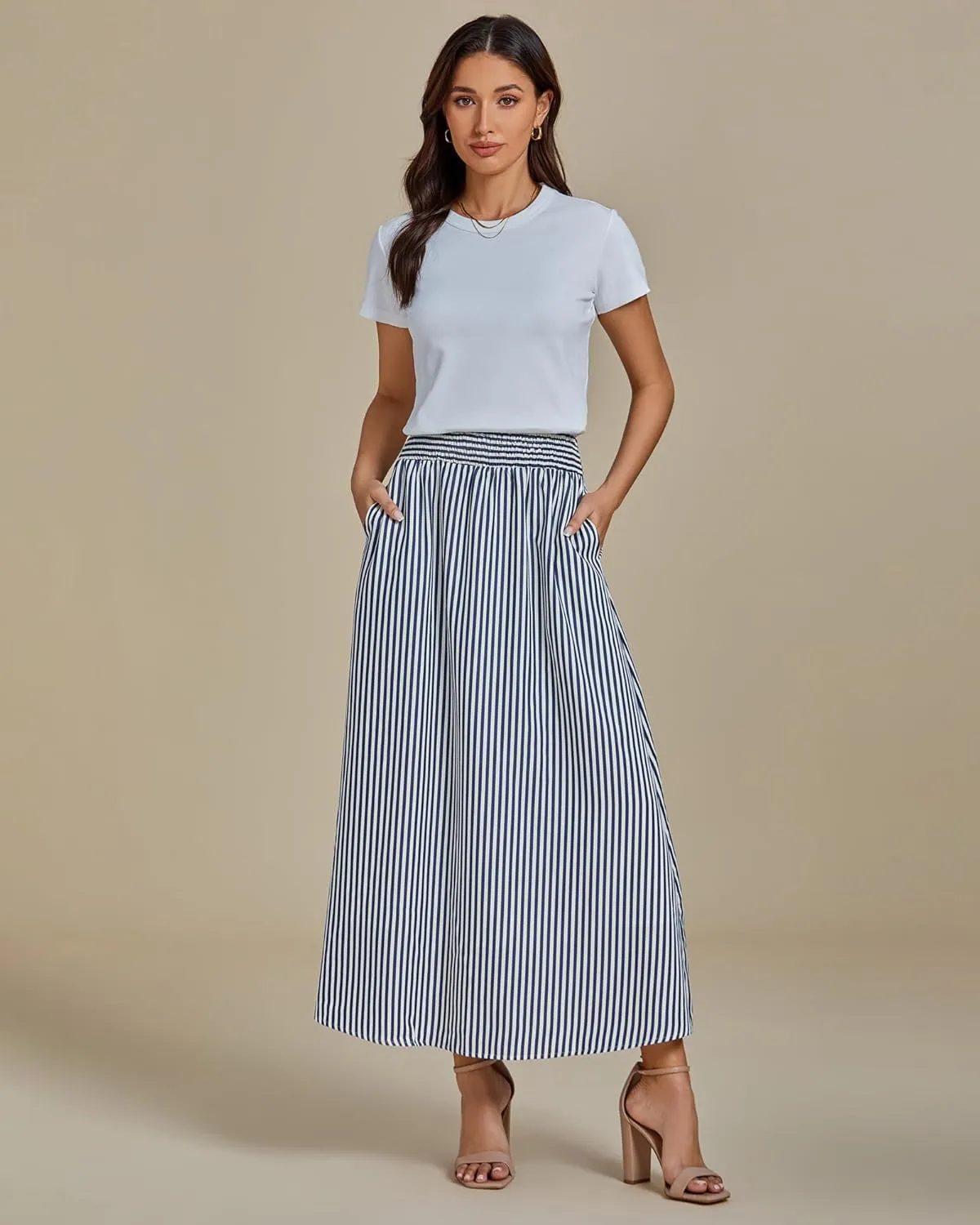 luvamia Striped Skirts for Women Maxi Long Flowy Trendy Smocked Elastic Waist Summer Beach Vacation Skirt with Pockets