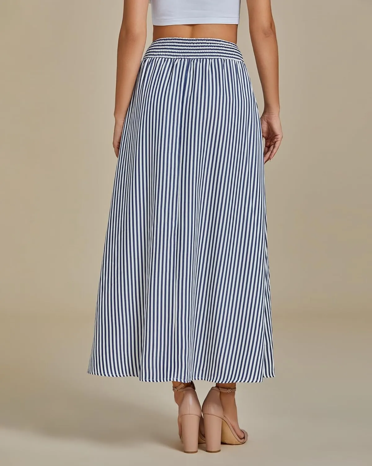 luvamia Striped Skirts for Women Maxi Long Flowy Trendy Smocked Elastic Waist Summer Beach Vacation Skirt with Pockets