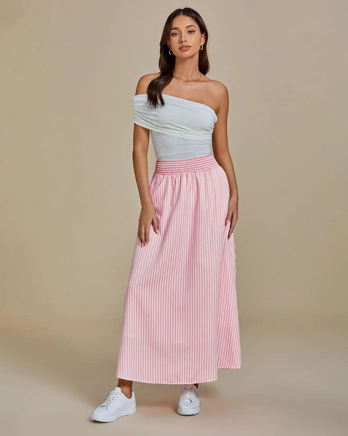 luvamia Striped Skirts for Women Maxi Long Flowy Trendy Smocked Elastic Waist Summer Beach Vacation Skirt with Pockets