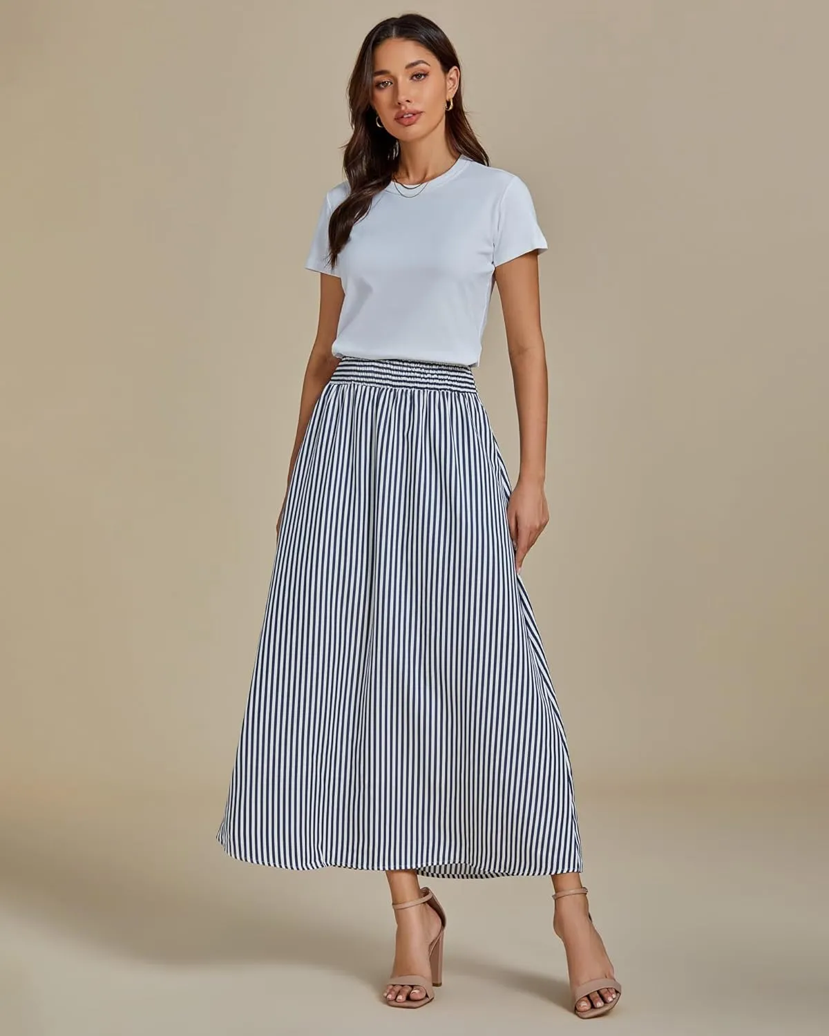 luvamia Striped Skirts for Women Maxi Long Flowy Trendy Smocked Elastic Waist Summer Beach Vacation Skirt with Pockets