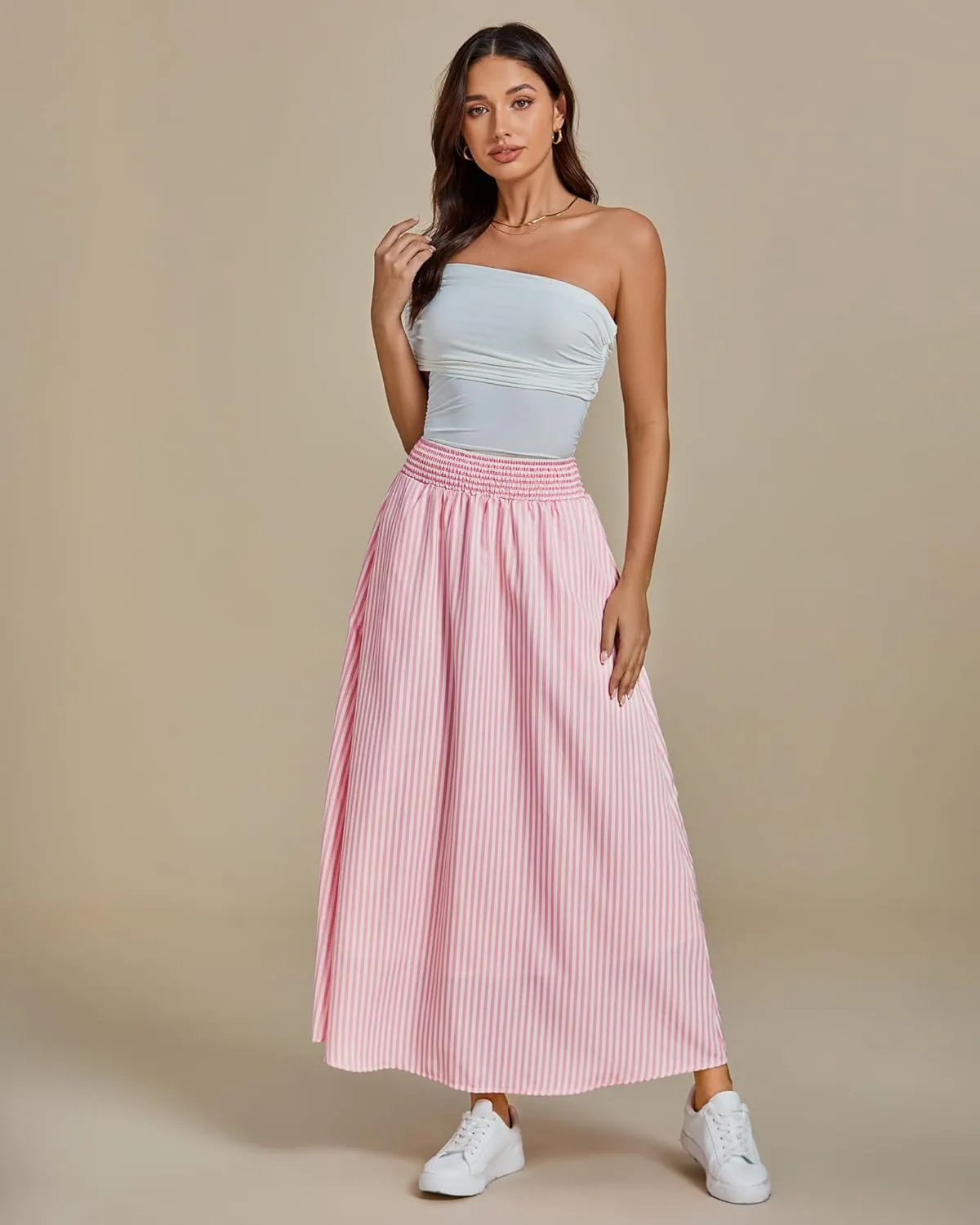 luvamia Striped Skirts for Women Maxi Long Flowy Trendy Smocked Elastic Waist Summer Beach Vacation Skirt with Pockets