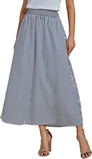 luvamia Striped Skirts for Women Maxi Long Flowy Trendy Smocked Elastic Waist Summer Beach Vacation Skirt with Pockets