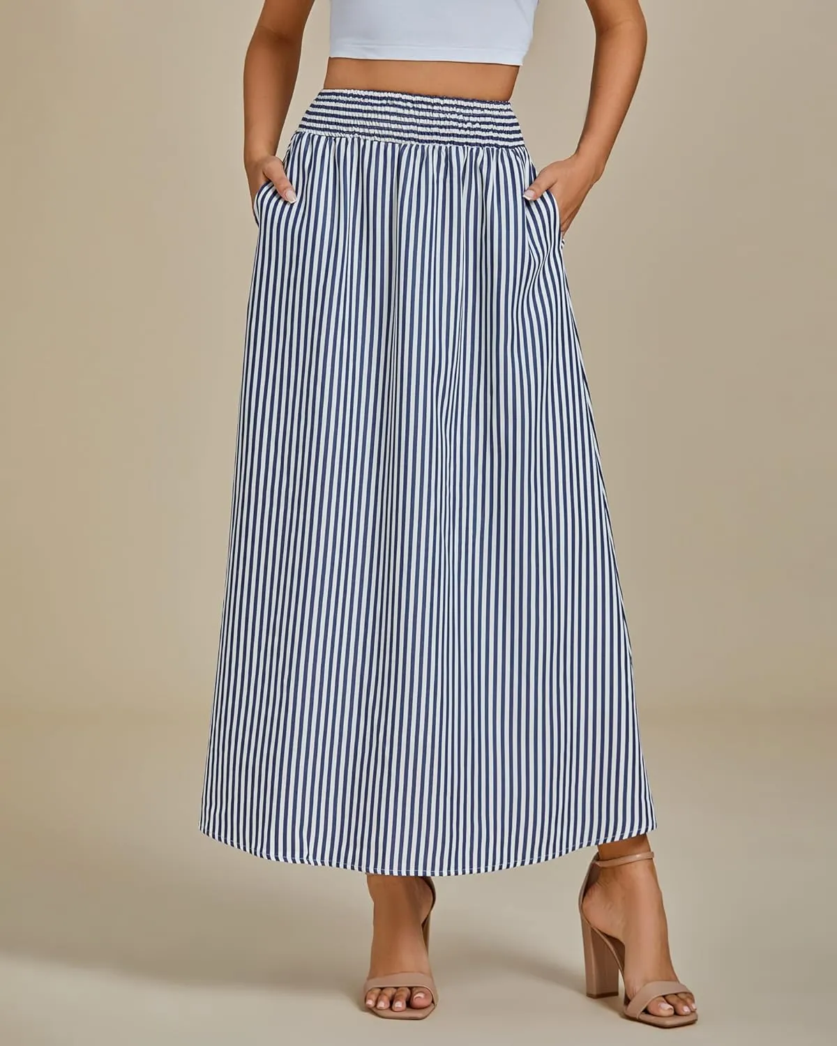 luvamia Striped Skirts for Women Maxi Long Flowy Trendy Smocked Elastic Waist Summer Beach Vacation Skirt with Pockets