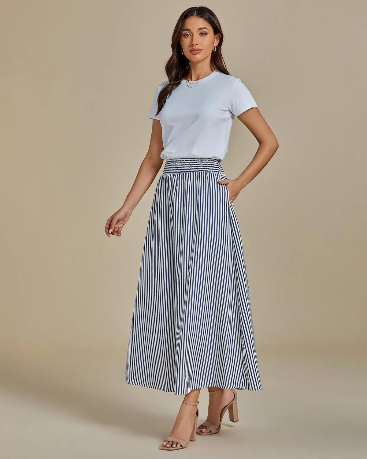 luvamia Striped Skirts for Women Maxi Long Flowy Trendy Smocked Elastic Waist Summer Beach Vacation Skirt with Pockets
