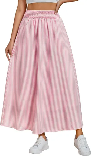 luvamia Striped Skirts for Women Maxi Long Flowy Trendy Smocked Elastic Waist Summer Beach Vacation Skirt with Pockets