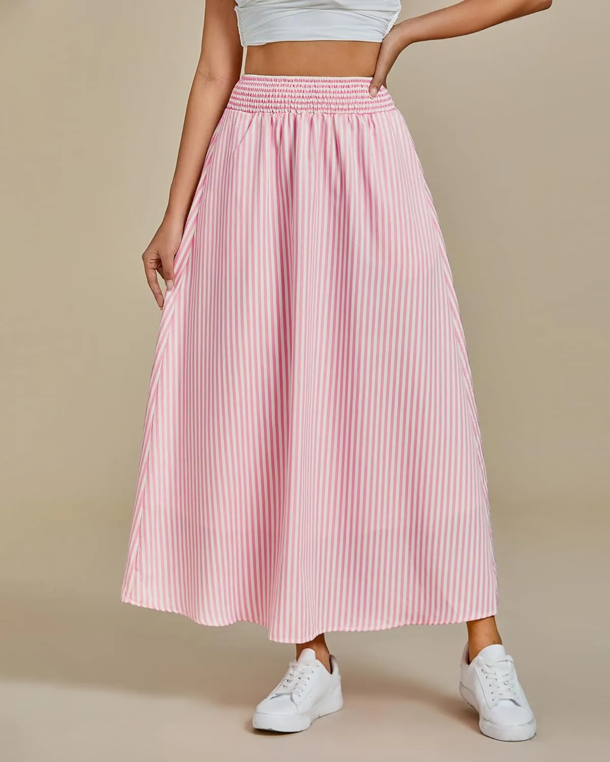 luvamia Striped Skirts for Women Maxi Long Flowy Trendy Smocked Elastic Waist Summer Beach Vacation Skirt with Pockets