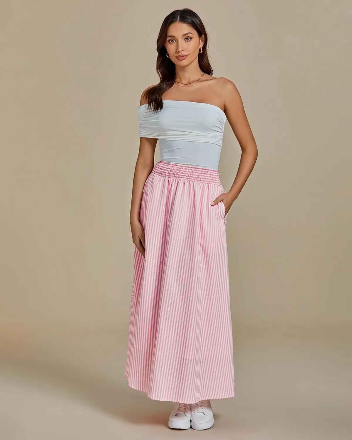 luvamia Striped Skirts for Women Maxi Long Flowy Trendy Smocked Elastic Waist Summer Beach Vacation Skirt with Pockets