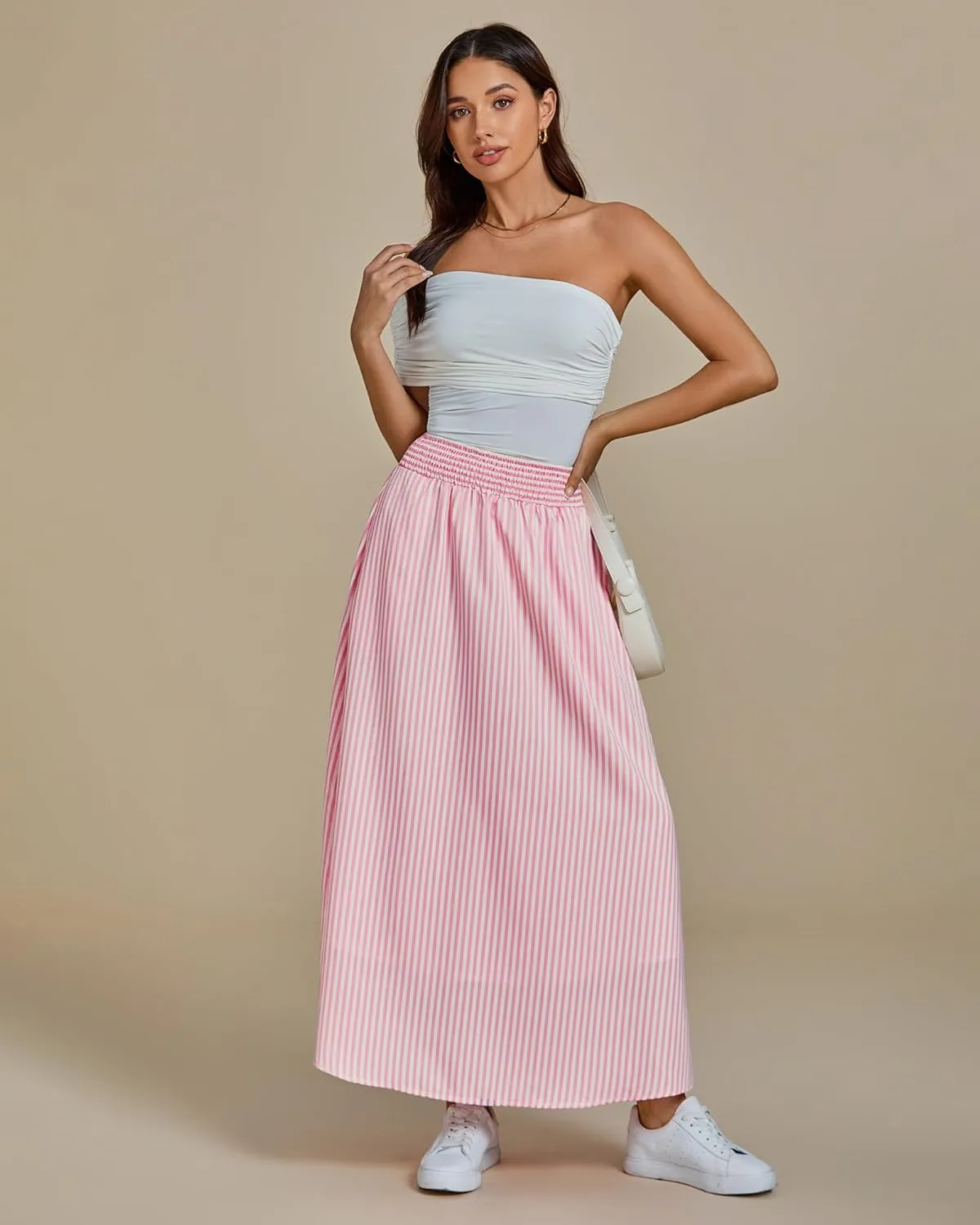 luvamia Striped Skirts for Women Maxi Long Flowy Trendy Smocked Elastic Waist Summer Beach Vacation Skirt with Pockets