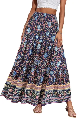 Maxi Boho Floral Skirts for Women 2025 Trendy Summer Long Flowy Skirts High Elastic Waist A Line Skorts