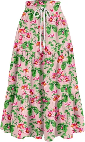 Maxi Skirts for Women 2025 Spring Summer Trendy Elastic Waist Floral Flowy Long Skirt Beach Vacation Clothes