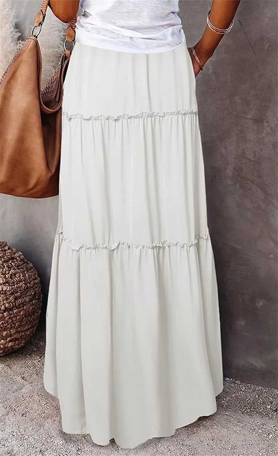 Maxi Skirts for Women High Waist Bohemian A Line Tiered Skirt Summer Casual Pleated Flowy Swing Beach Long Skirt