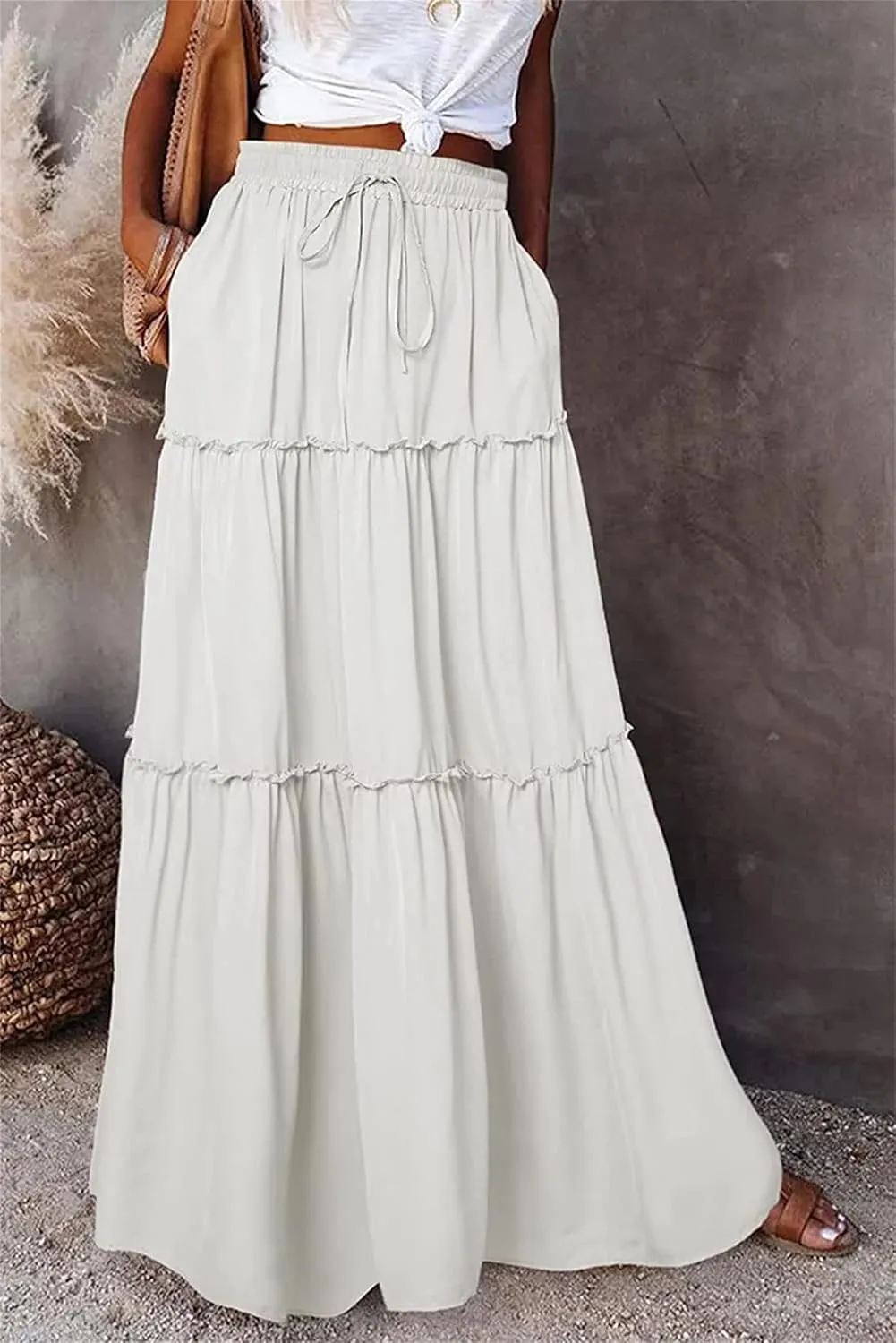 Maxi Skirts for Women High Waist Bohemian A Line Tiered Skirt Summer Casual Pleated Flowy Swing Beach Long Skirt