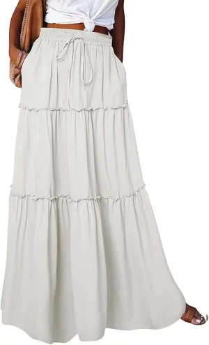 Maxi Skirts for Women High Waist Bohemian A Line Tiered Skirt Summer Casual Pleated Flowy Swing Beach Long Skirt