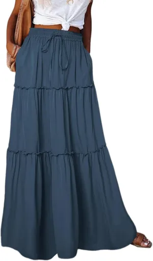 Maxi Skirts for Women High Waist Bohemian A Line Tiered Skirt Summer Casual Pleated Flowy Swing Beach Long Skirt