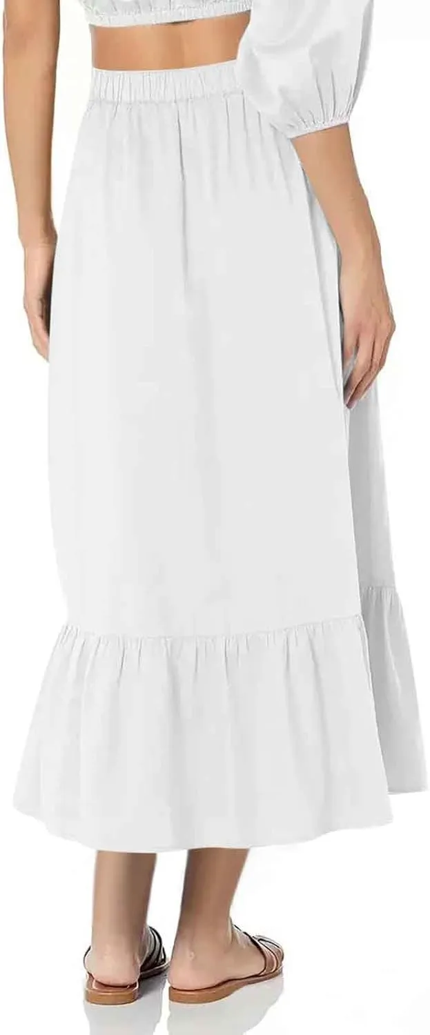Maxi Skirts for Women Summer Tierd Flowy Long Skirts Elastic Waist Lightweight Solid Basic Boho Skirts with Pockets