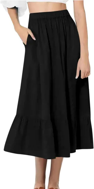 Maxi Skirts for Women Summer Tierd Flowy Long Skirts Elastic Waist Lightweight Solid Basic Boho Skirts with Pockets