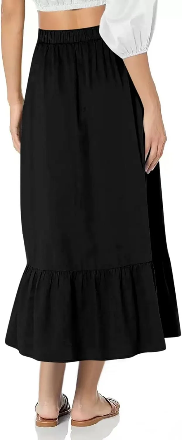 Maxi Skirts for Women Summer Tierd Flowy Long Skirts Elastic Waist Lightweight Solid Basic Boho Skirts with Pockets