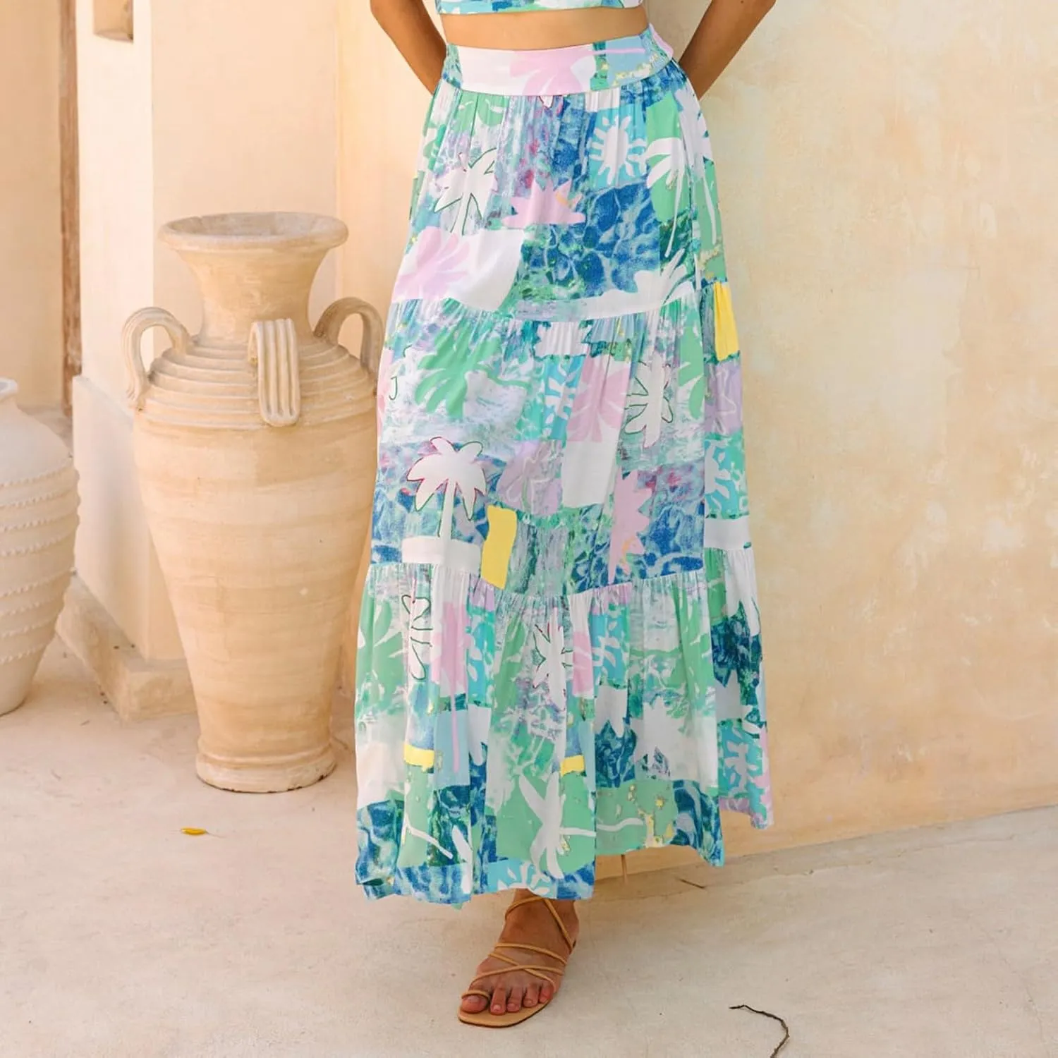 Maxi Skirts for Women Trendy Boho Flowy Tiered Pleated Skirt A-Line High Waisted Beach Skirt Cover Ups for Vacation