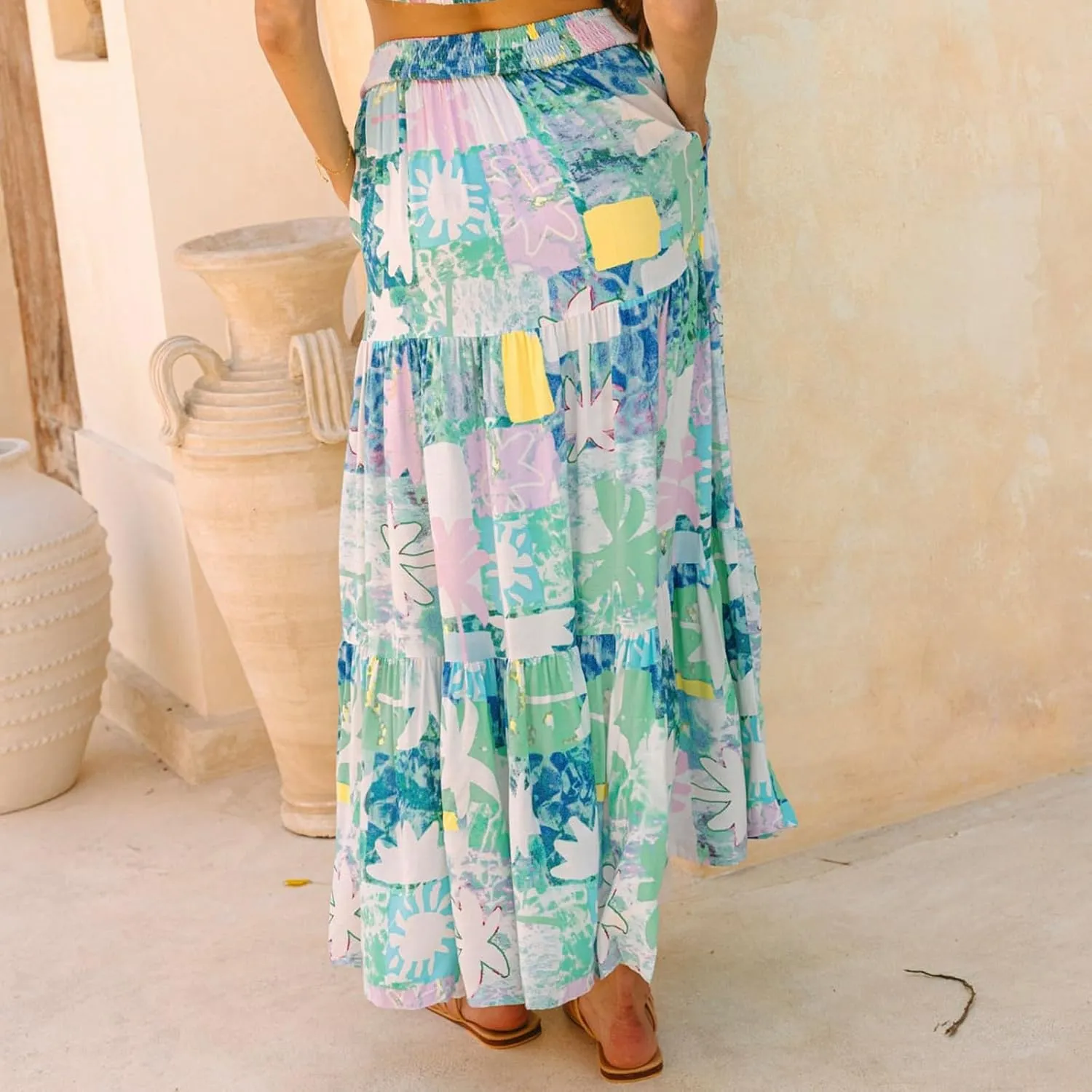 Maxi Skirts for Women Trendy Boho Flowy Tiered Pleated Skirt A-Line High Waisted Beach Skirt Cover Ups for Vacation