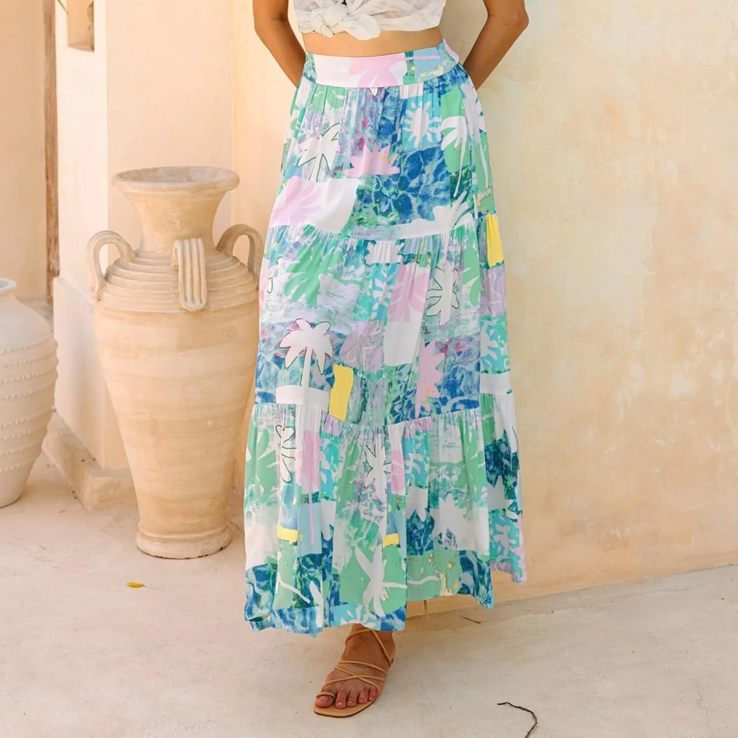 Maxi Skirts for Women Trendy Boho Flowy Tiered Pleated Skirt A-Line High Waisted Beach Skirt Cover Ups for Vacation
