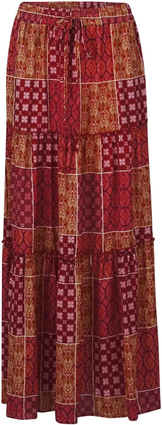 Maxi Skirts for Women Trendy Summer Tiered Elastic High Waisted Skirt A Line Flowy Long Skirts Beach Vacation Clothes