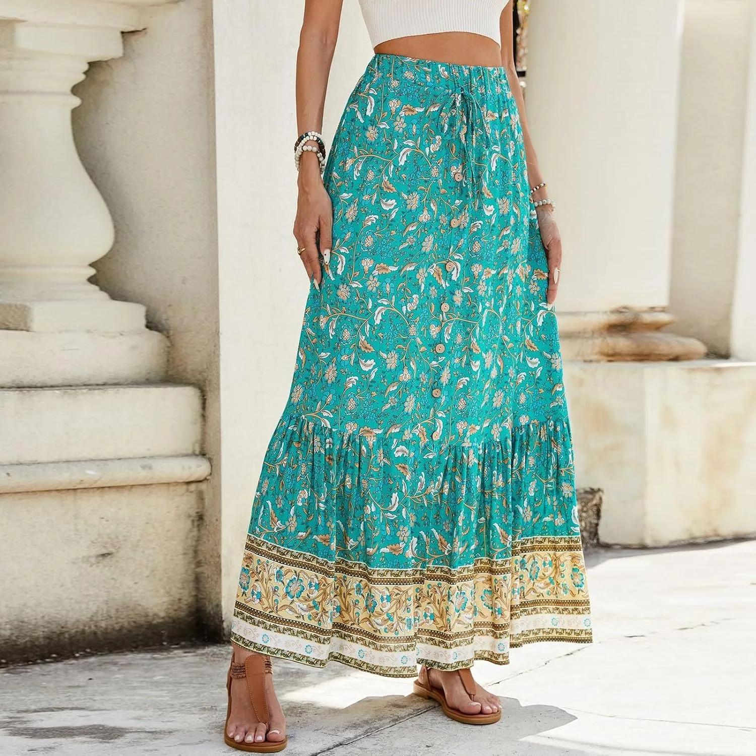 Maxi Skirts for Women, Wrap Drawstring Tiered Flowy Skirts 2025 Trendy Long Boho Skirt Spring Summer Bohemian