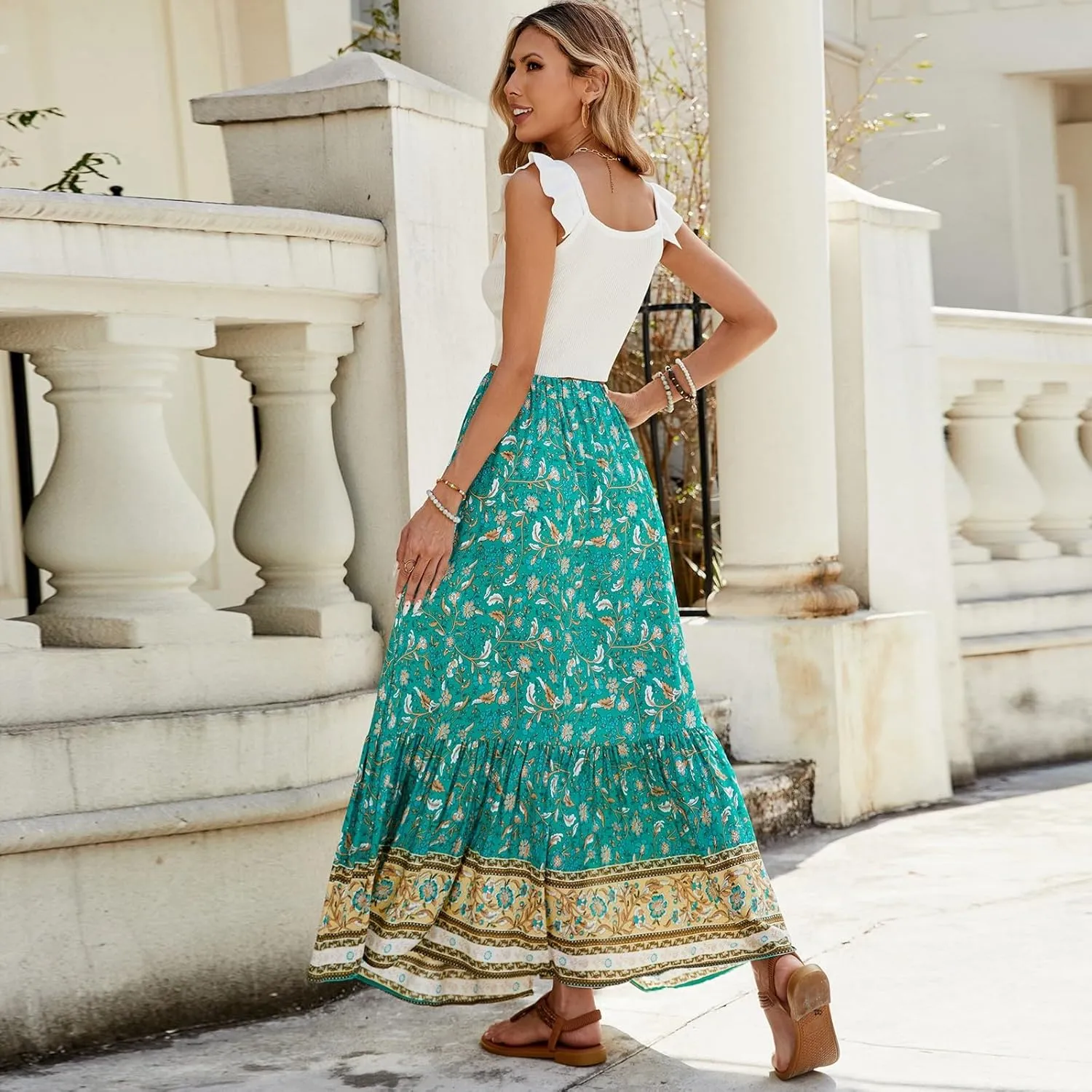 Maxi Skirts for Women, Wrap Drawstring Tiered Flowy Skirts 2025 Trendy Long Boho Skirt Spring Summer Bohemian