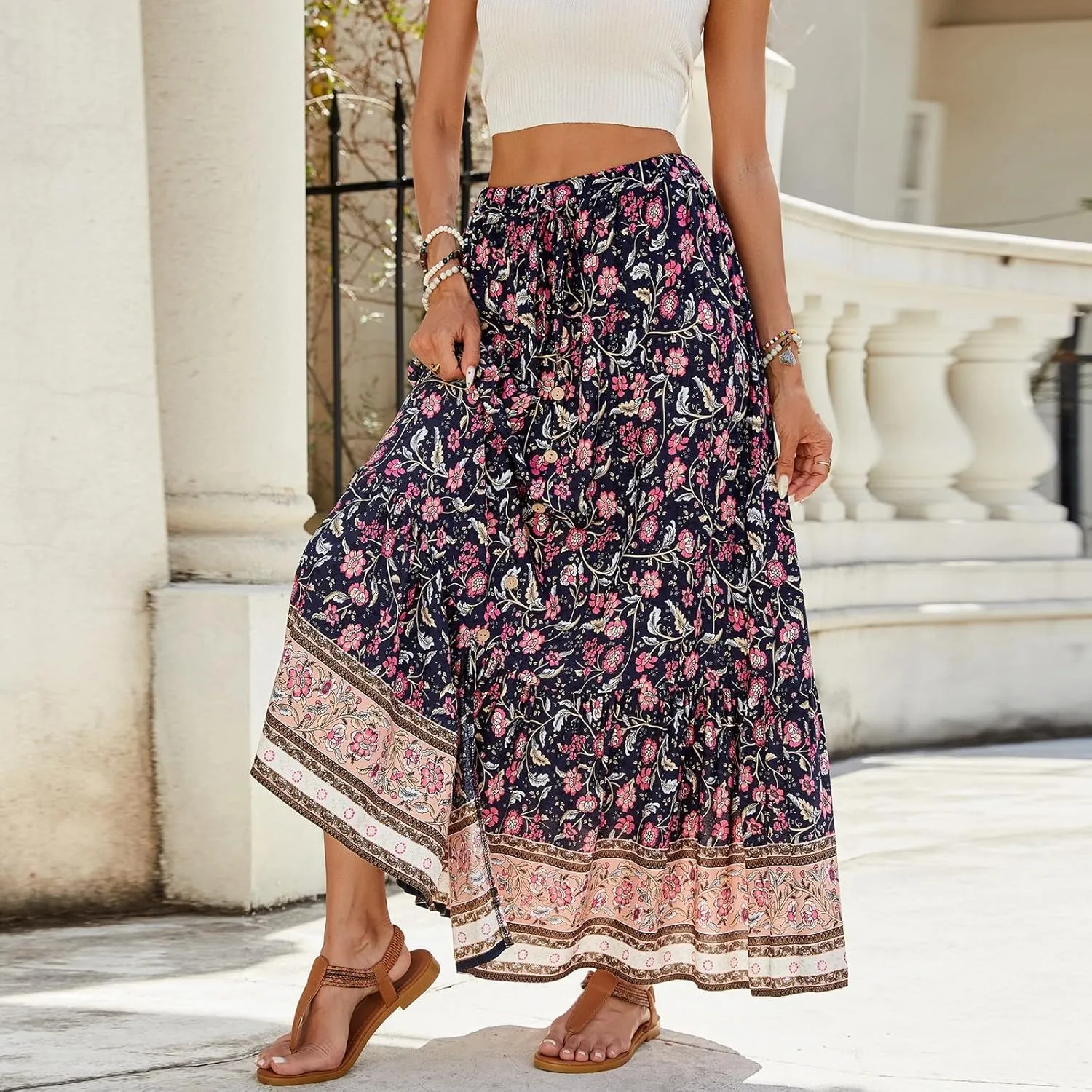 Maxi Skirts for Women, Wrap Drawstring Tiered Flowy Skirts 2025 Trendy Long Boho Skirt Spring Summer Bohemian