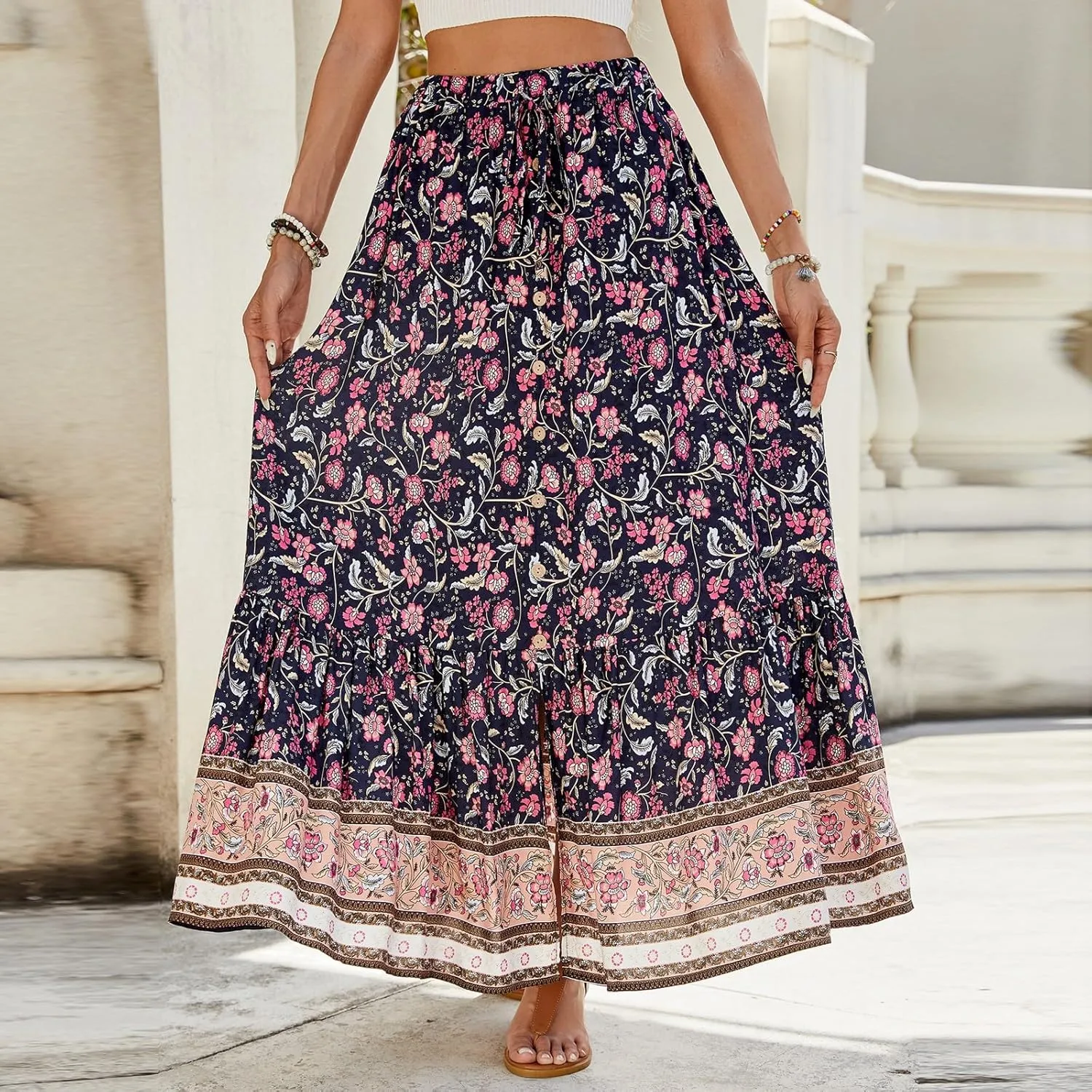 Maxi Skirts for Women, Wrap Drawstring Tiered Flowy Skirts 2025 Trendy Long Boho Skirt Spring Summer Bohemian
