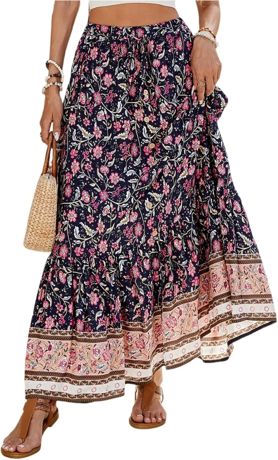 Maxi Skirts for Women, Wrap Drawstring Tiered Flowy Skirts 2025 Trendy Long Boho Skirt Spring Summer Bohemian