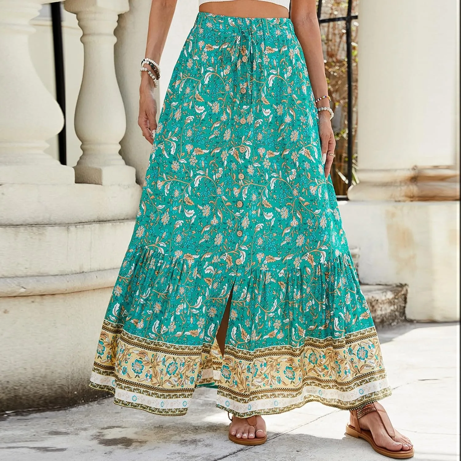 Maxi Skirts for Women, Wrap Drawstring Tiered Flowy Skirts 2025 Trendy Long Boho Skirt Spring Summer Bohemian