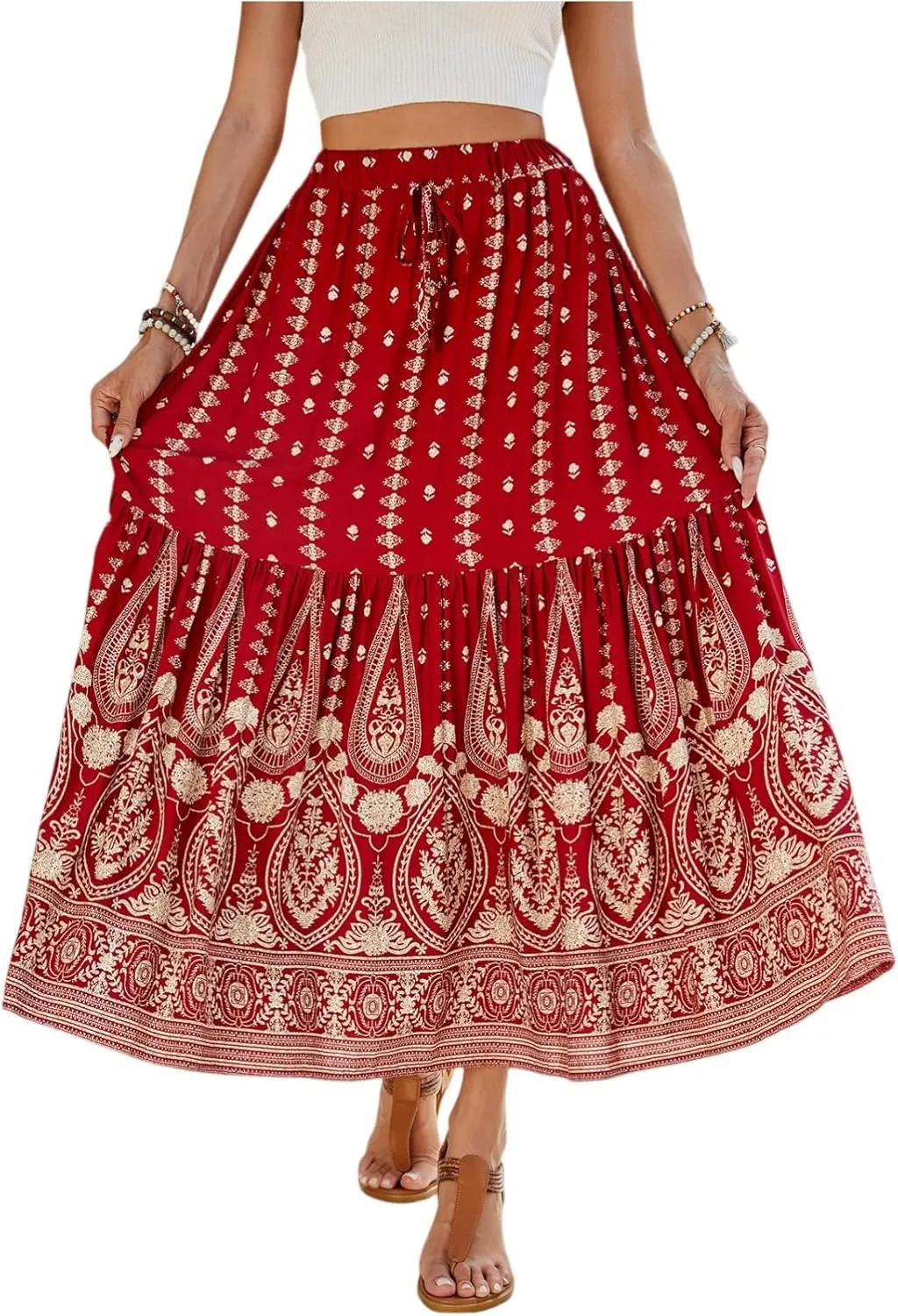 Maxi Skirts for Women,2025 Summer Flowy Tiered Pleated A Line Long Skirts,Trendy Vintage Floral Vacation Boho Skirts