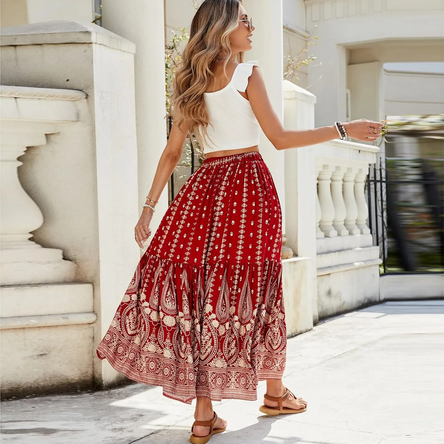 Maxi Skirts for Women,2025 Summer Flowy Tiered Pleated A Line Long Skirts,Trendy Vintage Floral Vacation Boho Skirts