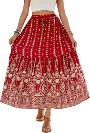 Maxi Skirts for Women,2025 Summer Flowy Tiered Pleated A Line Long Skirts,Trendy Vintage Floral Vacation Boho Skirts