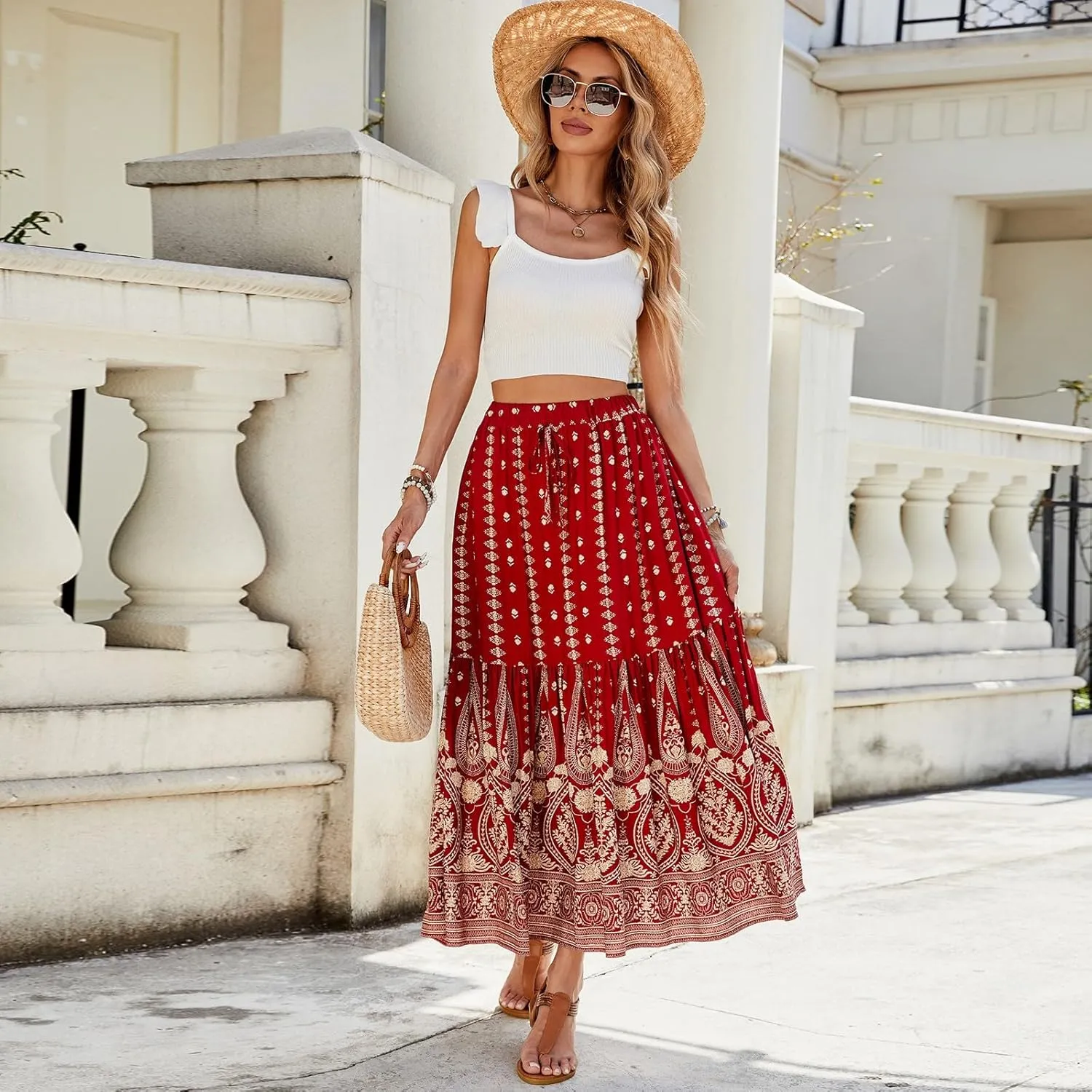 Maxi Skirts for Women,2025 Summer Flowy Tiered Pleated A Line Long Skirts,Trendy Vintage Floral Vacation Boho Skirts