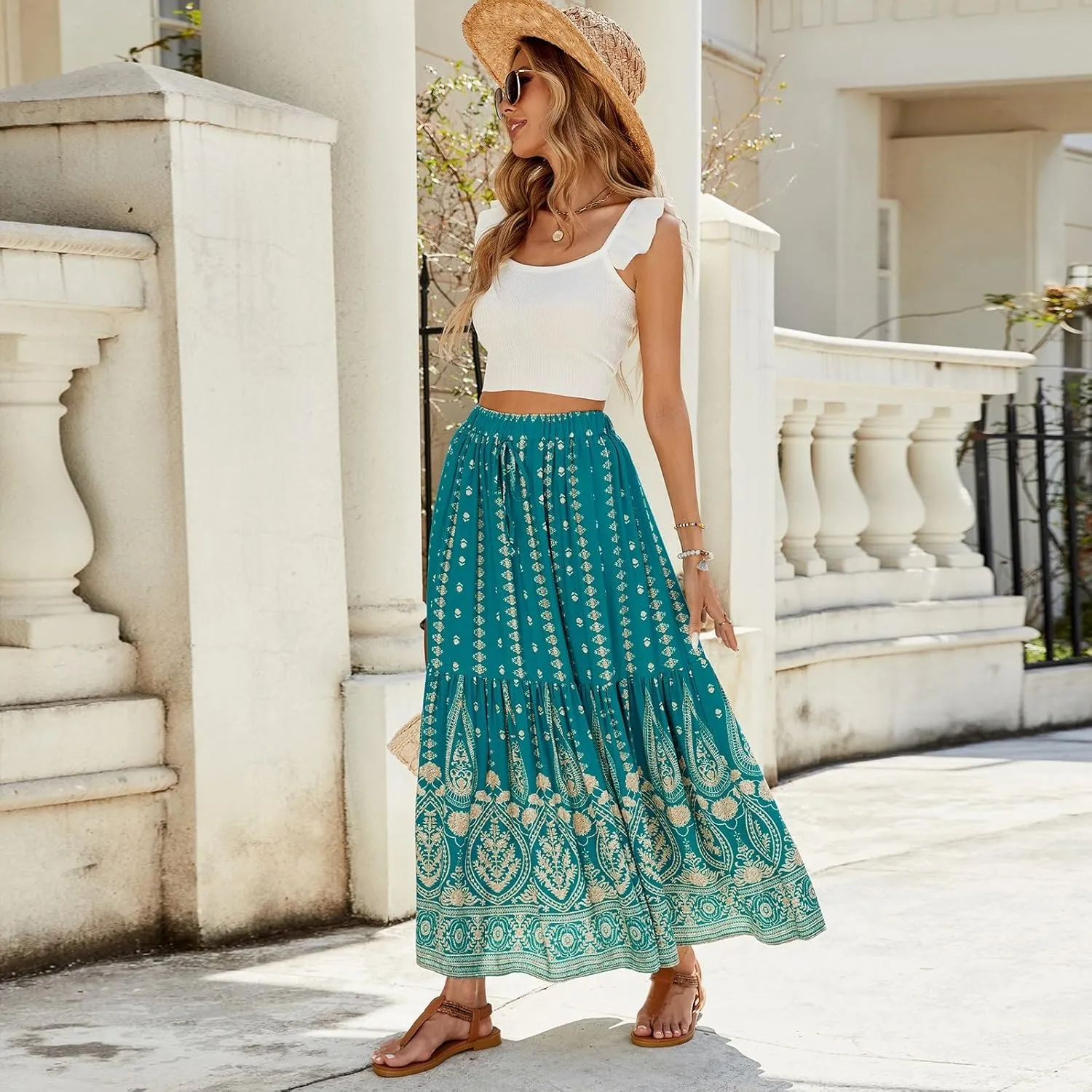 Maxi Skirts for Women,Beach Vacation Hawaiian Long Boho Skirt Spring Summer Elastic Waist Flowy Skirts 2025 Trendy