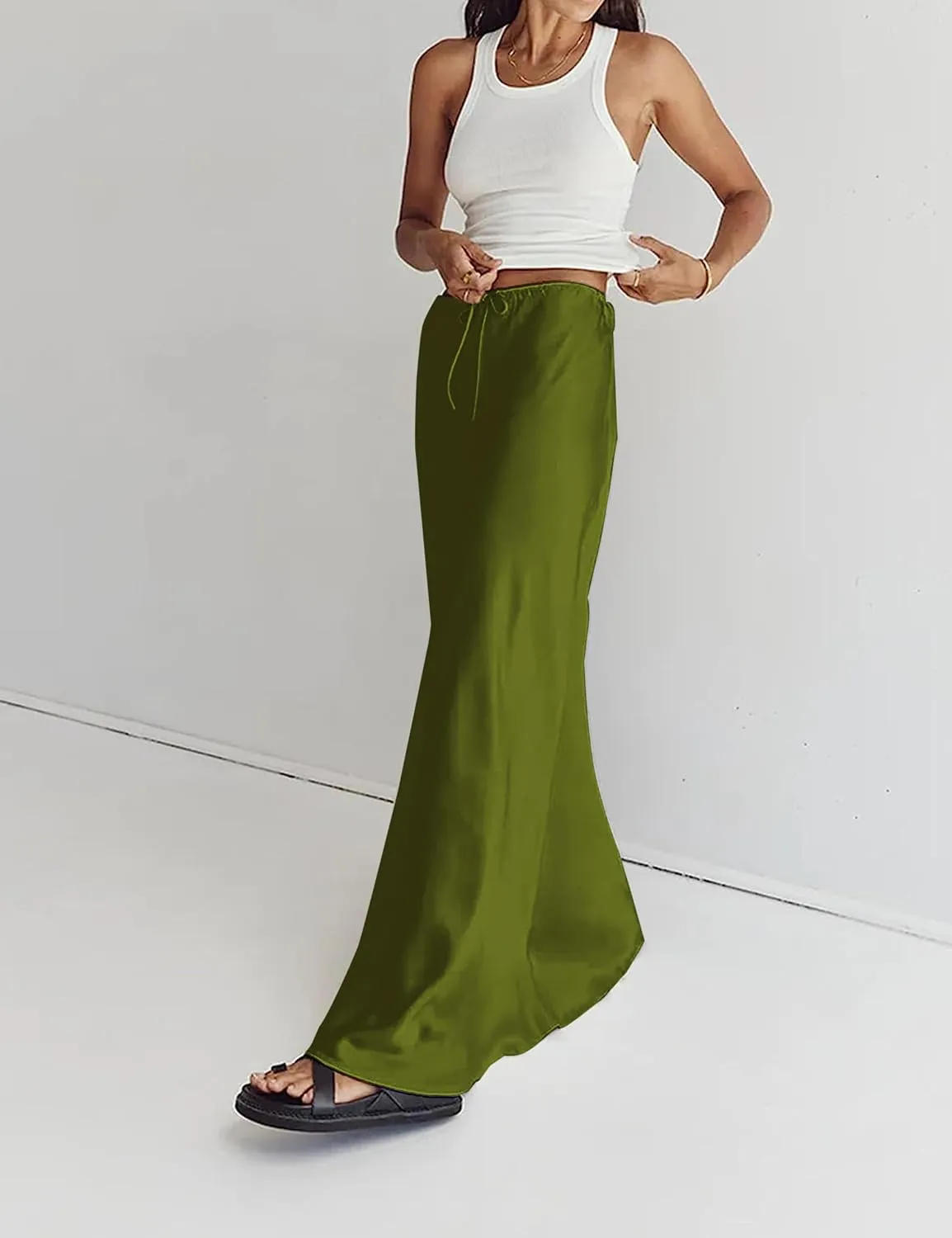 Meladyan Woman Drawstring High Elastic Waist Maxi Long Skirt A Line Flare Solid Slim Fitted Going Out Casual Midi Skirts