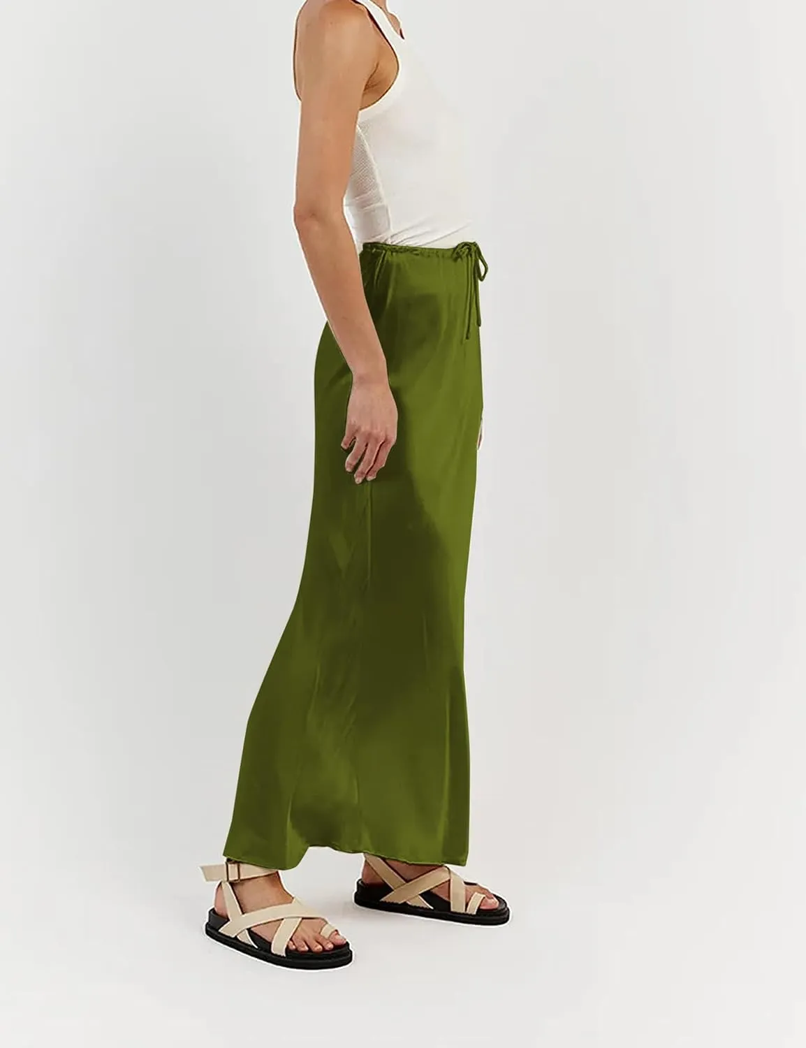 Meladyan Woman Drawstring High Elastic Waist Maxi Long Skirt A Line Flare Solid Slim Fitted Going Out Casual Midi Skirts